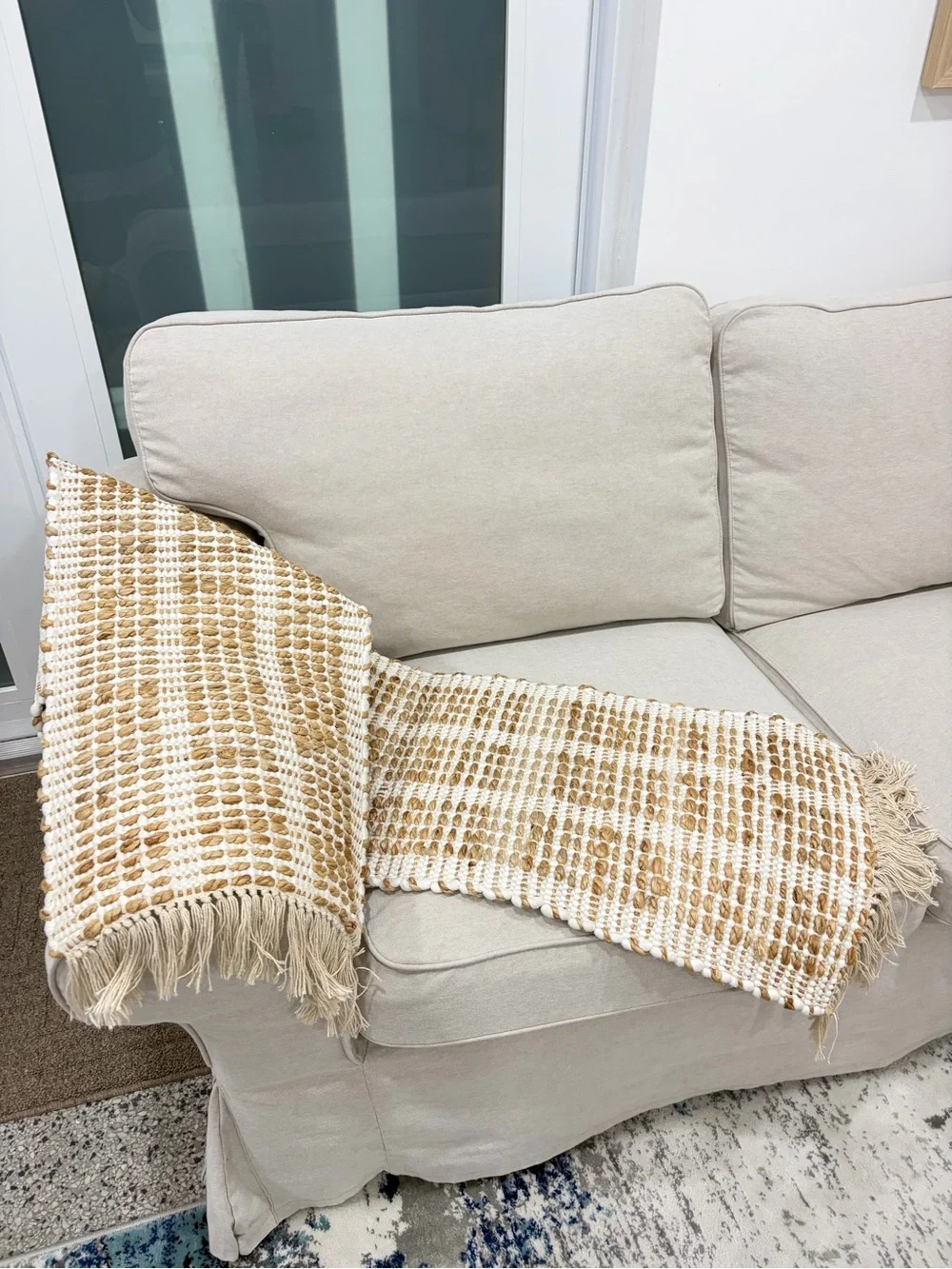 Urban Outfitters Cream and Tan Waffle Fringe Throw. Made in India
